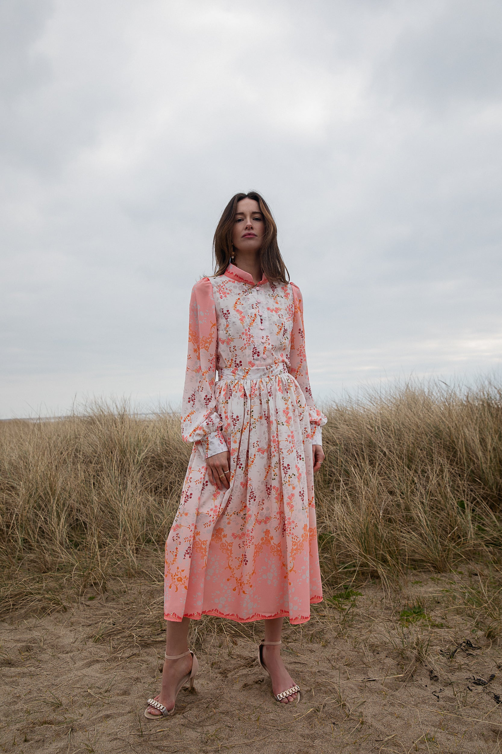 pink and white floral blouse and skirt made in ireland