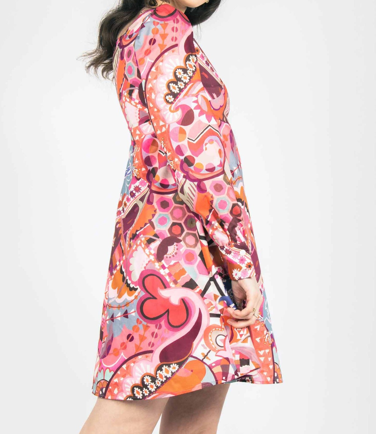 long sleeve vintage style mini dress with a statement print