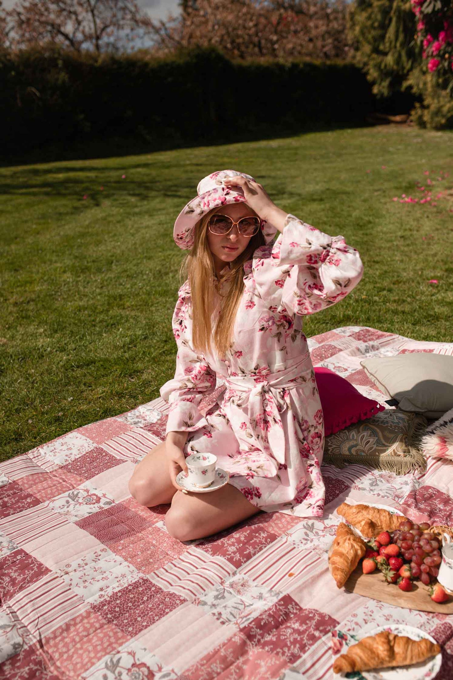 pink floral mini dress with matching bucket hat