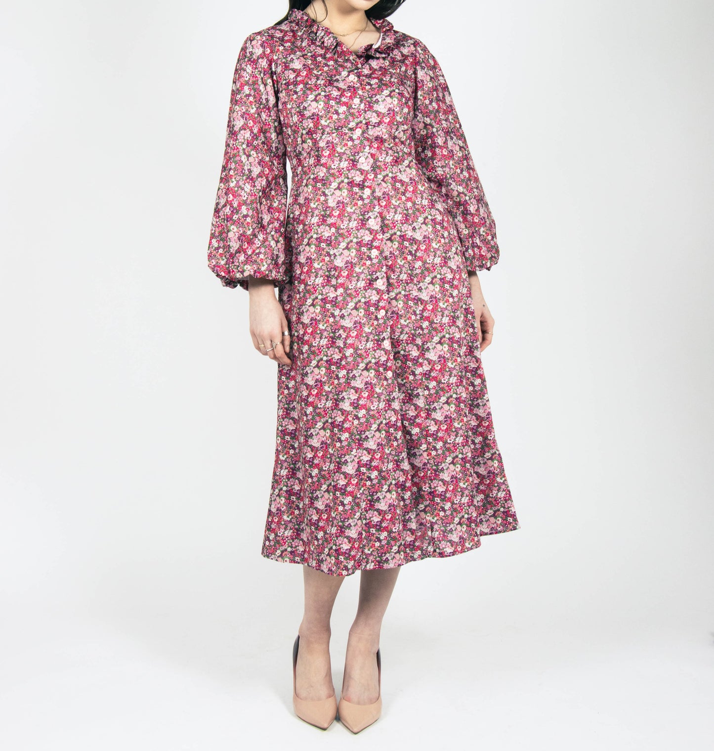 pink and purple ditsy floral midi dress fully lined cotton printed liberty london bubble sleeves and ruffle collar made in ireland fashion womens occasion wear