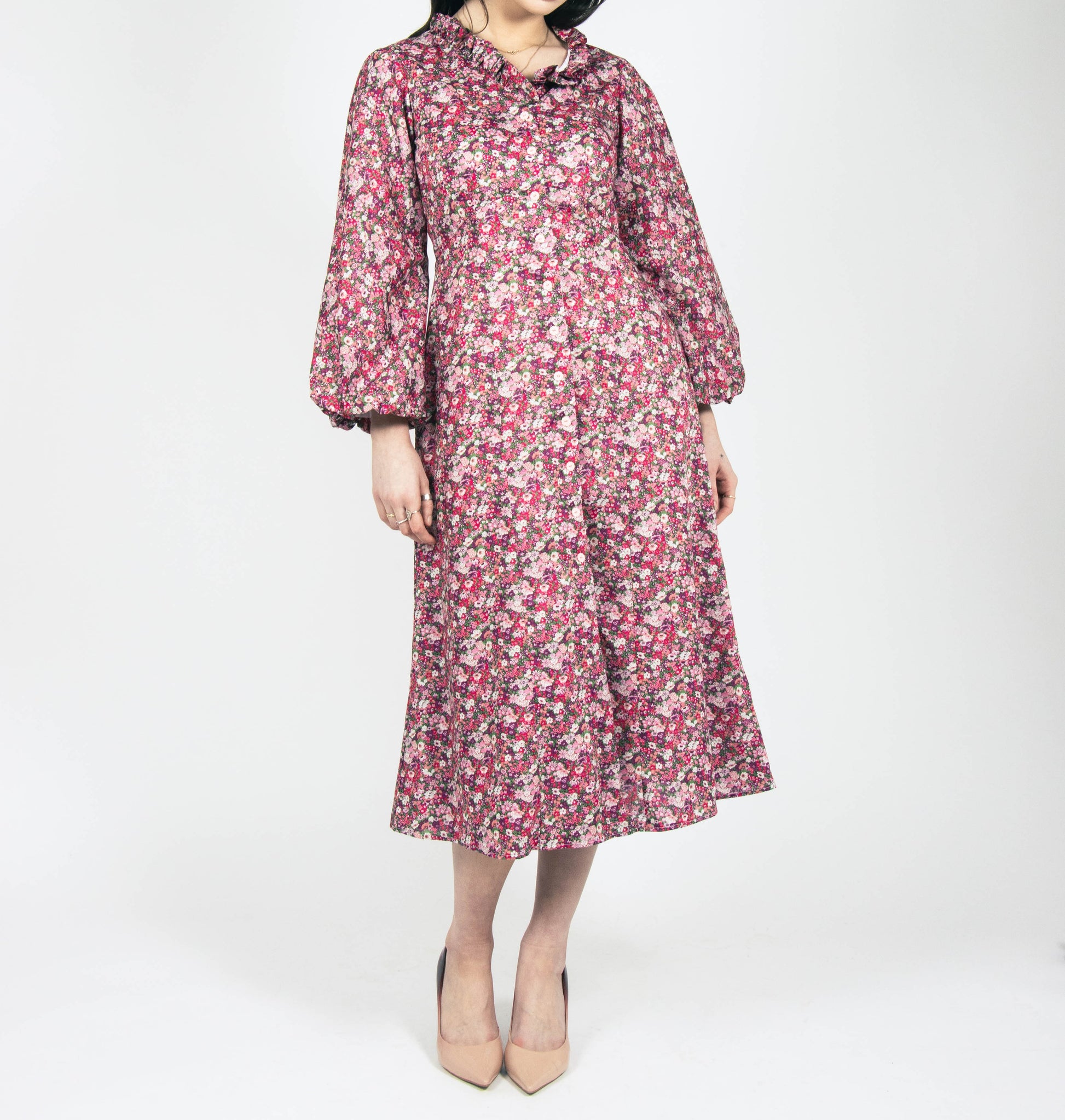 pink and purple ditsy floral midi dress fully lined cotton printed liberty london bubble sleeves and ruffle collar made in ireland fashion womens occasion wear