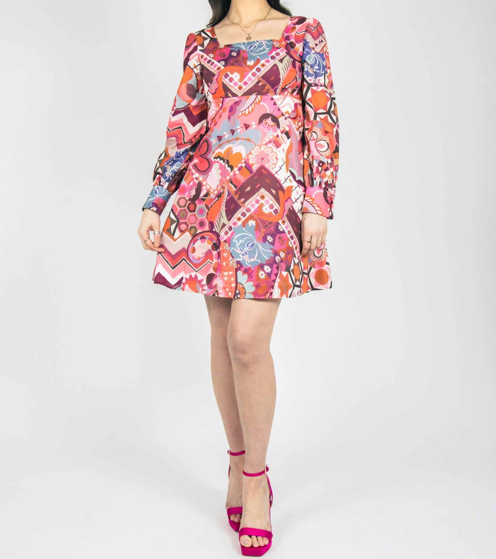 square neck empire waistline mini dress. 70s style party dress