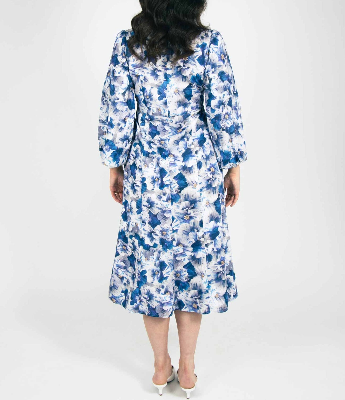 back midi length dress fit and flare silhouette.