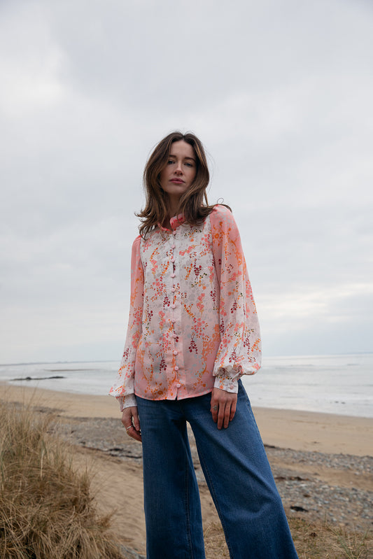 peach and white floral blouse made in ireland  by slow fashion brand cobbler's lane