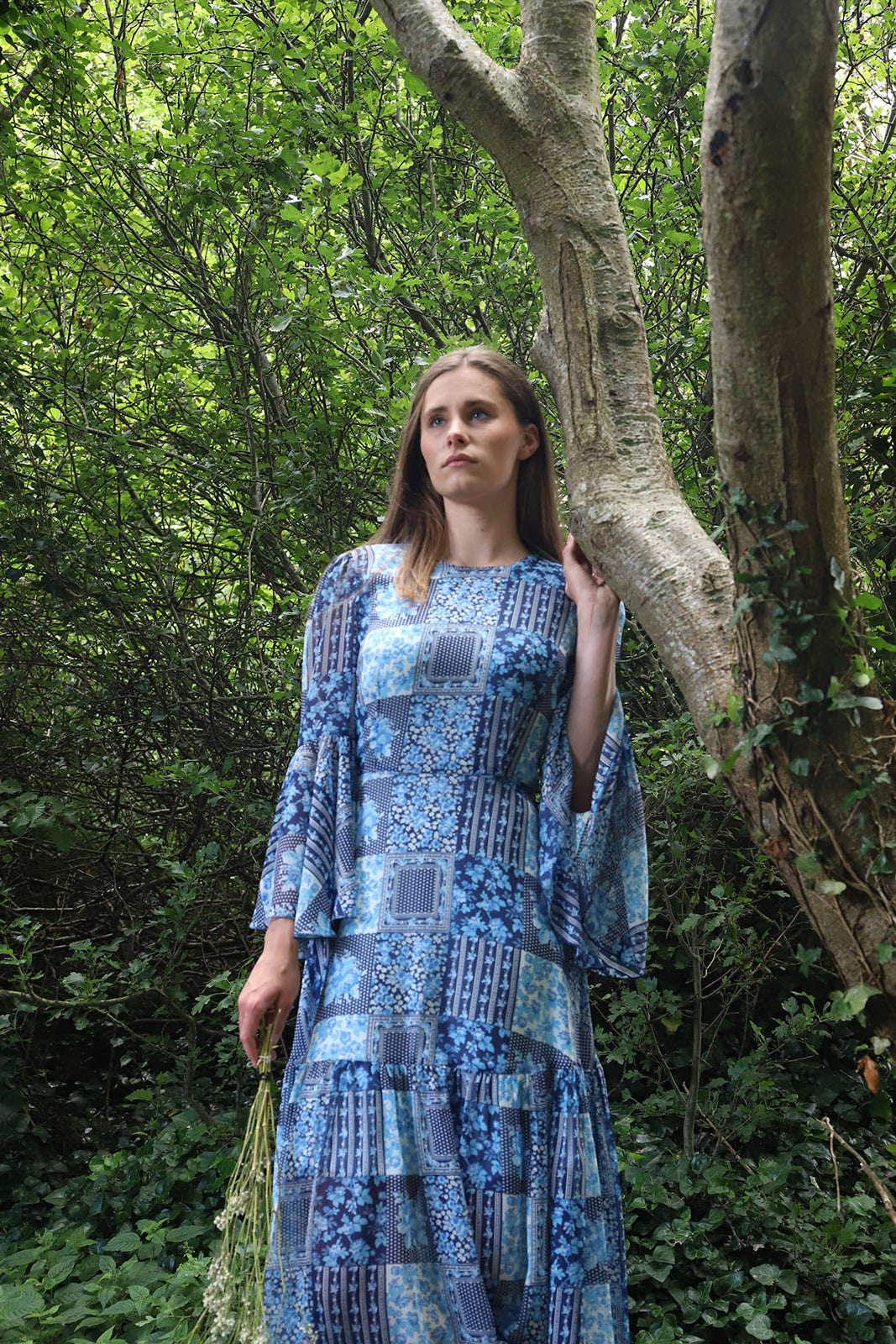 vintage style midi dress with flowing skirt and bell sleeves. made in ireland ladies fashion