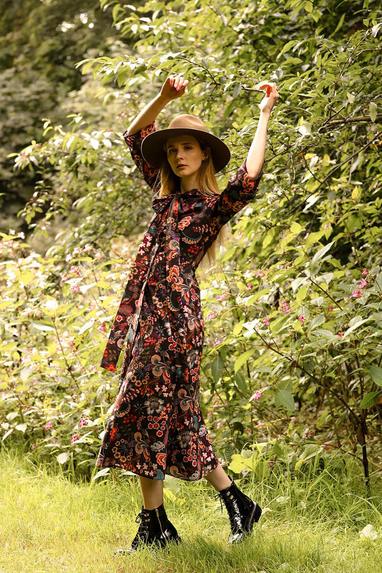 floral midi shirt dress with neck tie. brown liberty london print made in ireland