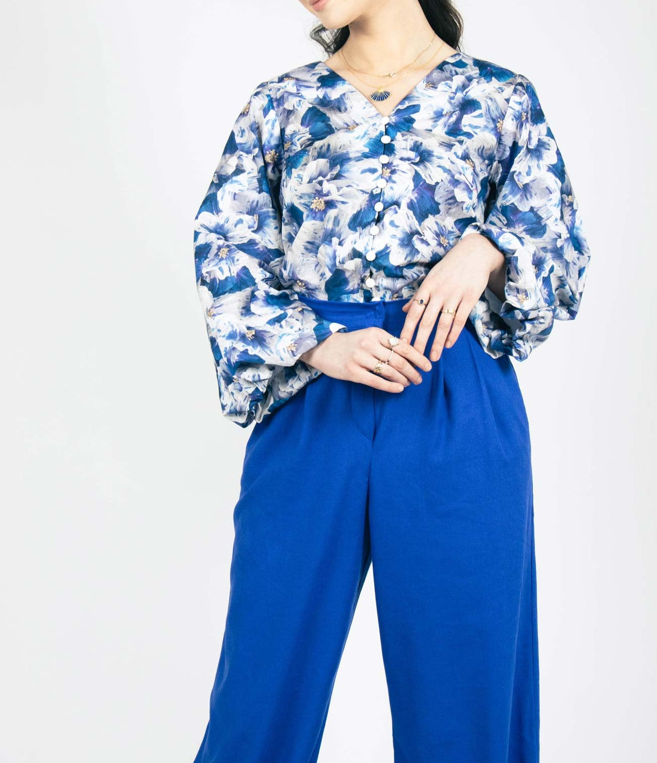 irish made blue and white blouse with blue linen wide leg trousers liberty london cotton
