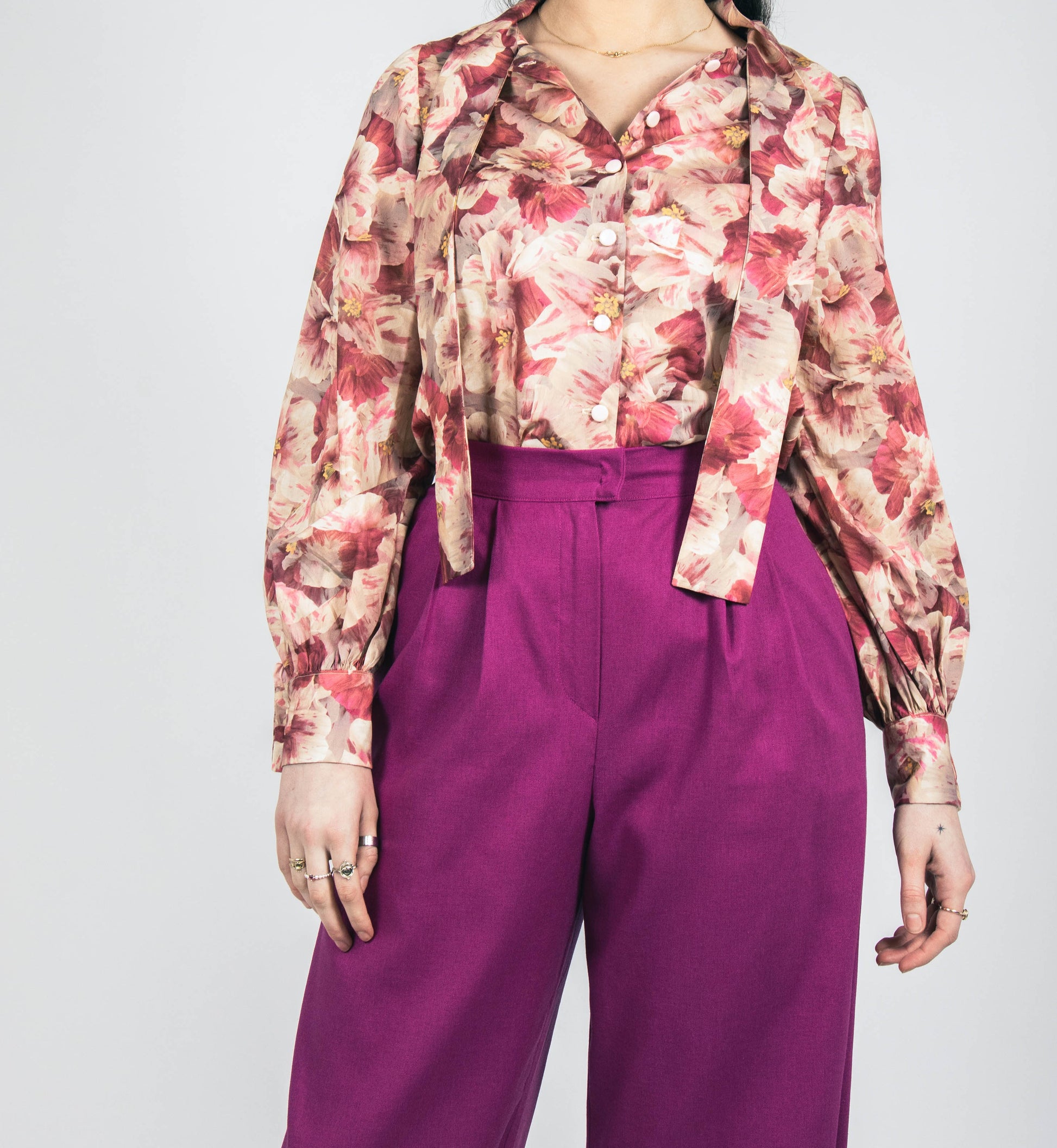 plum wide leg trouser and button down shirt with pussy cat bow neck tie