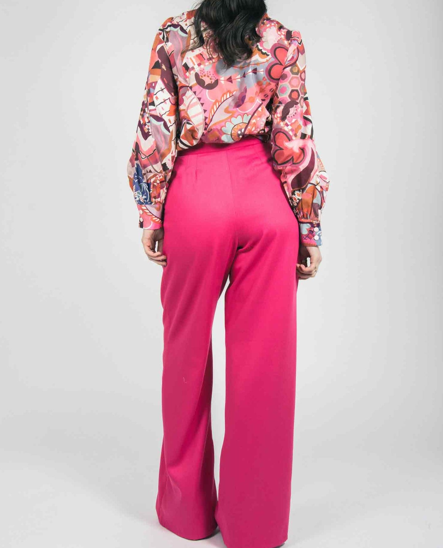 70s style fashion with pink vintage inspired print made in ireland office fashion
