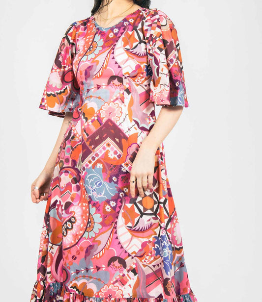vintage inspired ladies dress with 70s style print