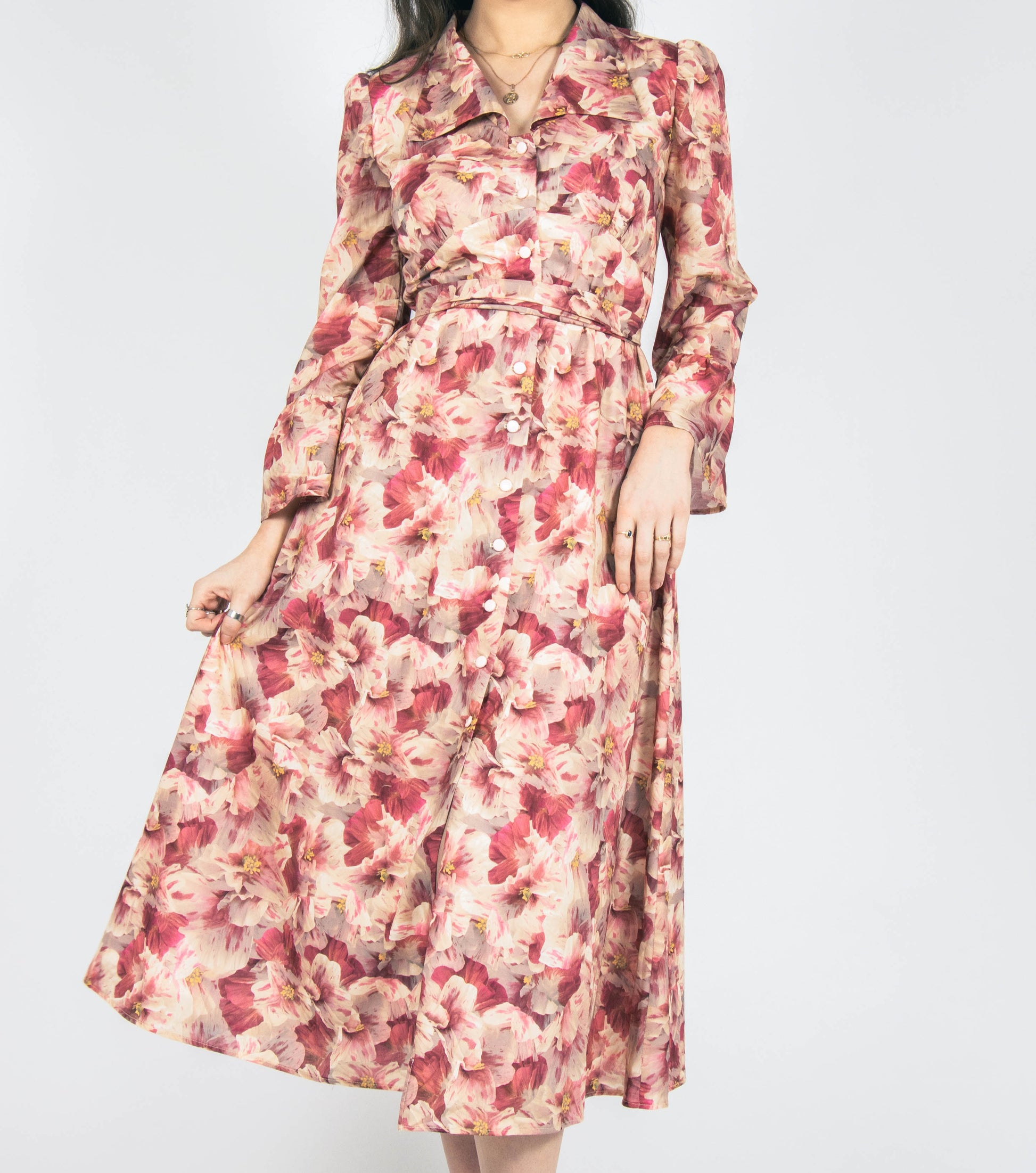 pastel pink large floral midi shirt dress with collar and 3/4 sleeves cotton irish designer fashion