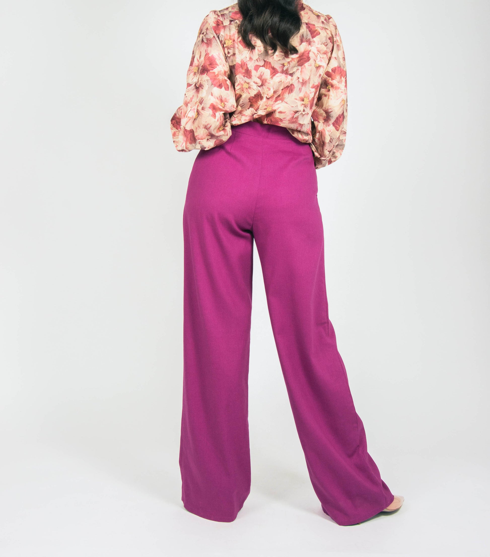 vintage style fashion made with cotton and plum wide leg trousers 