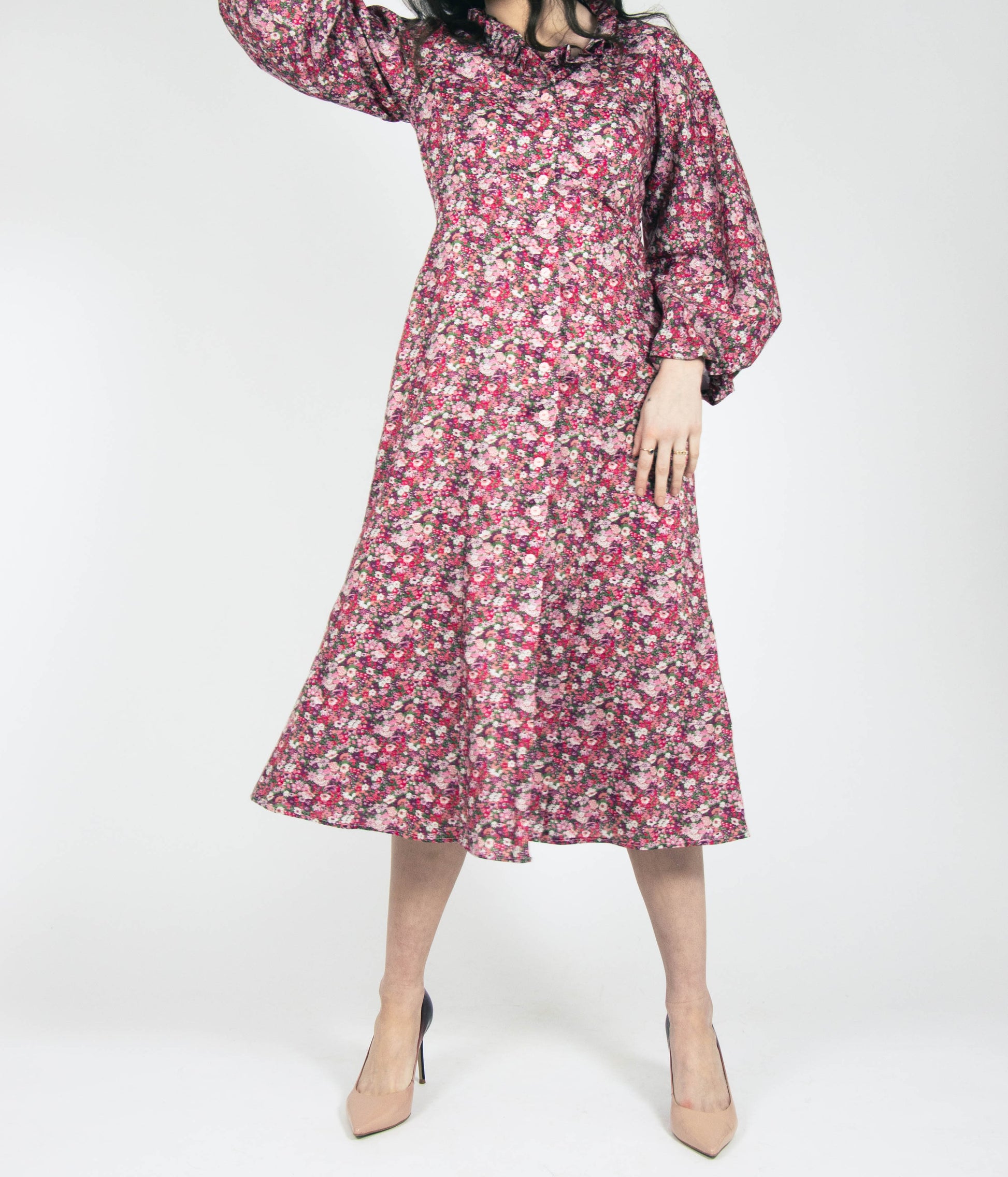 wedding fashion button up midi dress with puff sleeve made in ireland cotton fabric small floral print