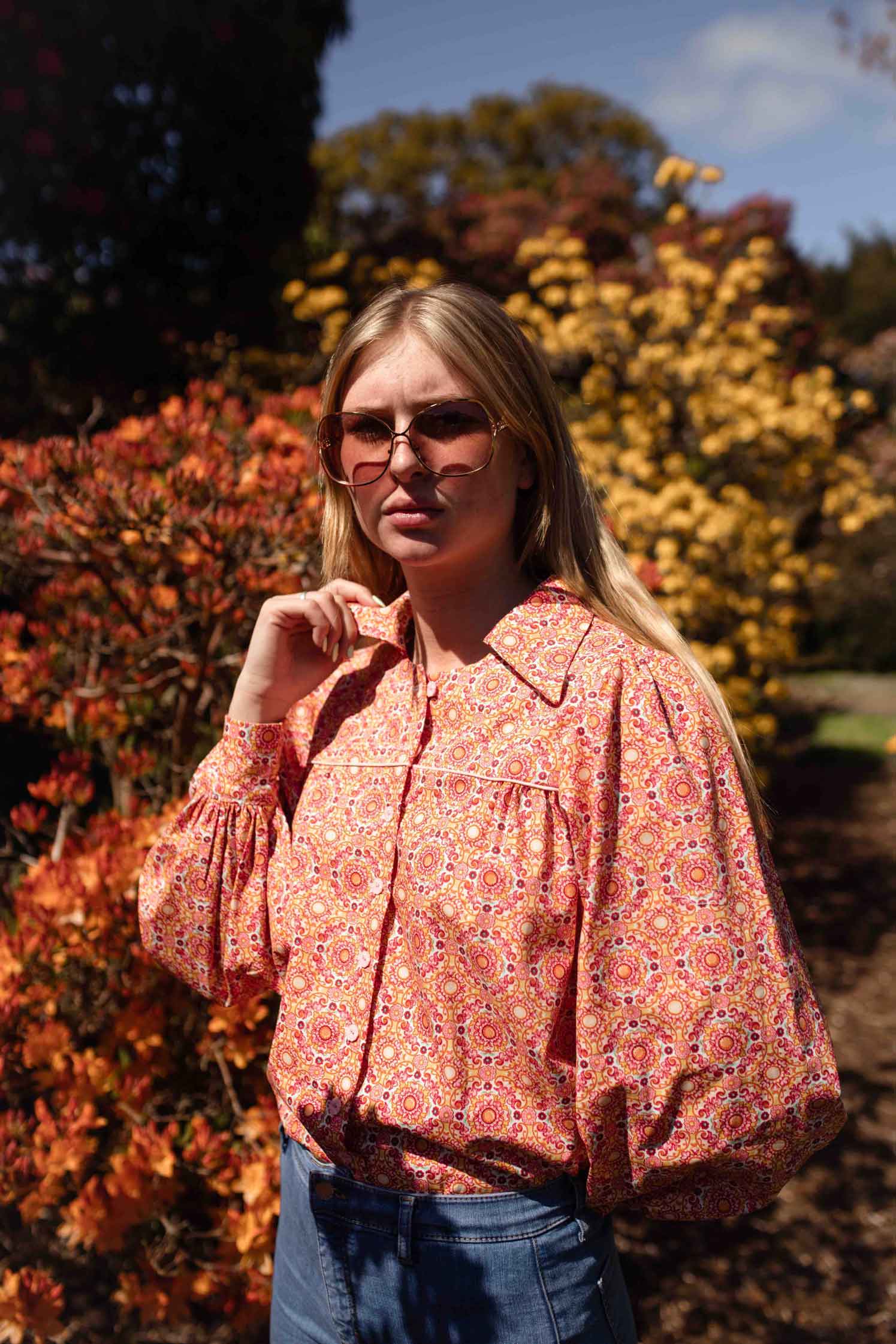 orange and pink geometric shirt with vintage style collar