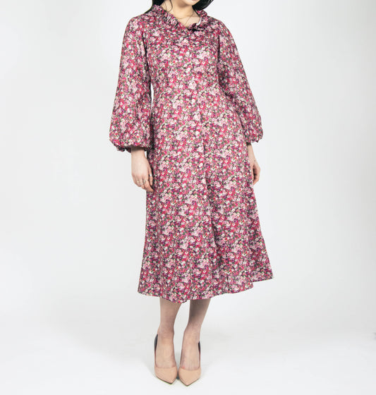 pink and purple ditsy floral midi dress fully lined cotton printed liberty london bubble sleeves and ruffle collar made in ireland fashion womens occasion wear