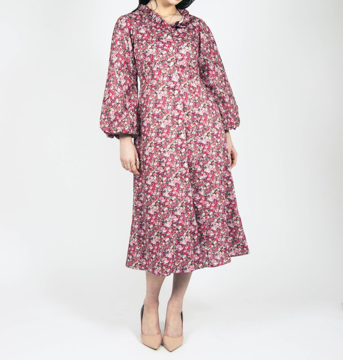 pink and purple ditsy floral midi dress fully lined cotton printed liberty london bubble sleeves and ruffle collar made in ireland fashion womens occasion wear 