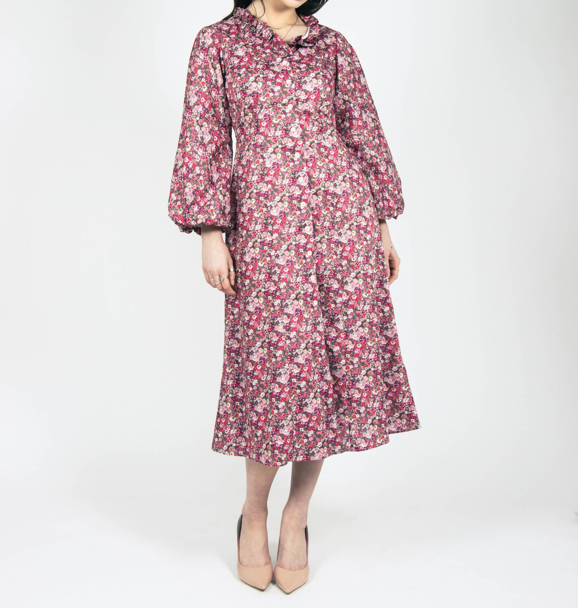 pink and purple ditsy floral midi dress fully lined cotton printed liberty london bubble sleeves and ruffle collar made in ireland fashion womens occasion wear 