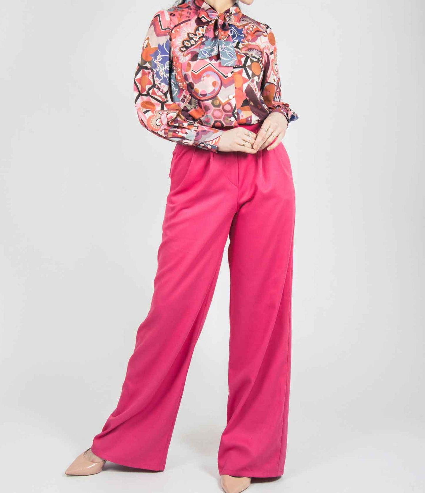 ladies office fashion statement blouse and pink linen trousers womens occasion wear