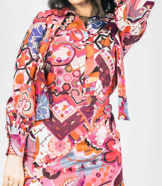 tie front blouse with long sleeves and statement colourful print. cotton blouse and matching skirt