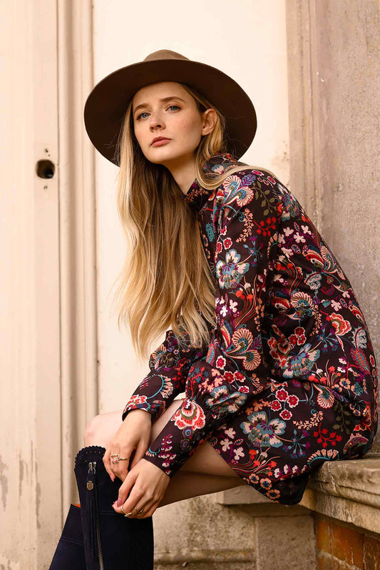 Floral printed min dress with high neck, long sleeves and cuffs